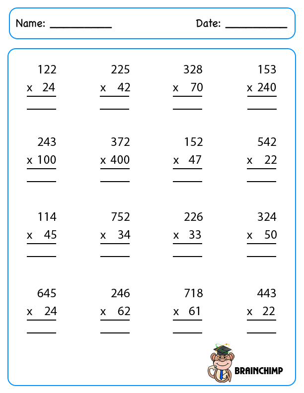 Worksheet On 3 Digit Multiplication