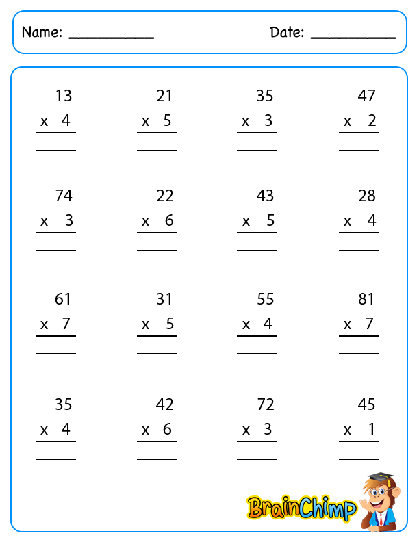 Multiplication 2 Digit By 1 Digit Worksheet